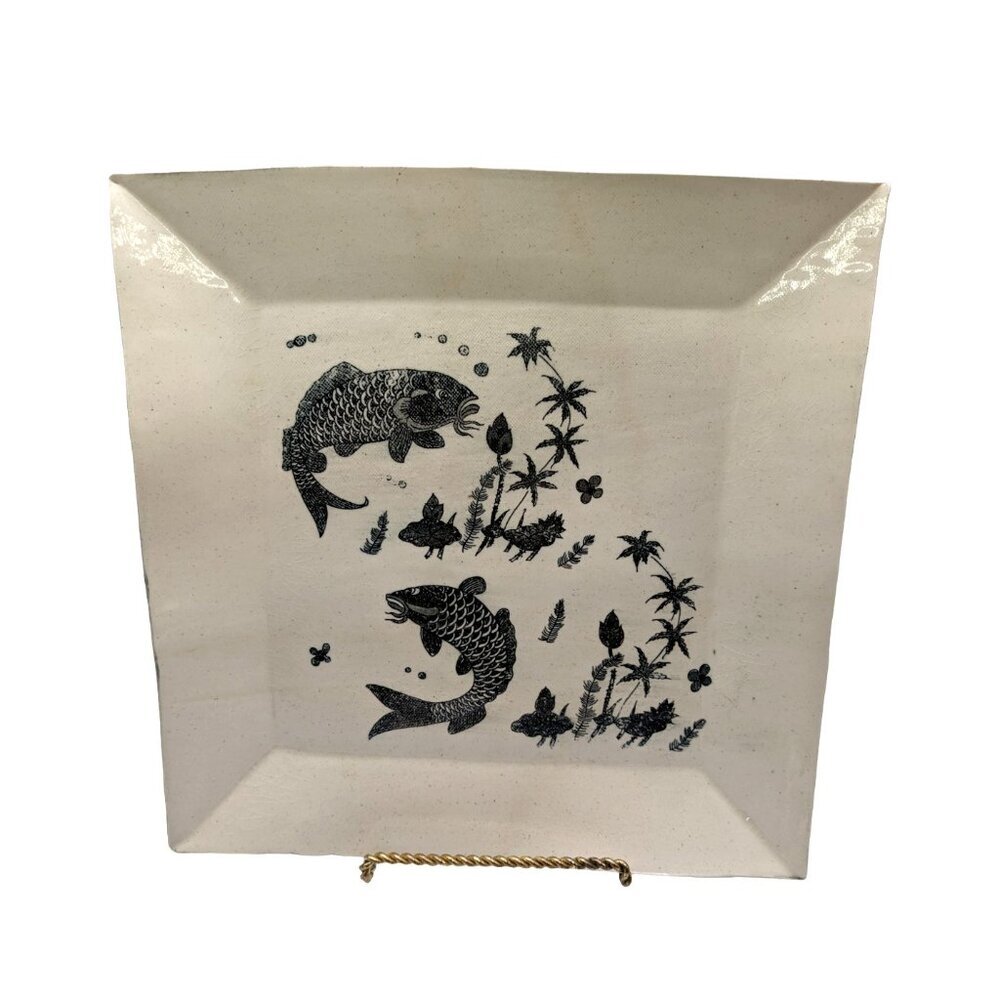 Art Pottery Large Square Plate Japanese Koi Fish Signed Plate White